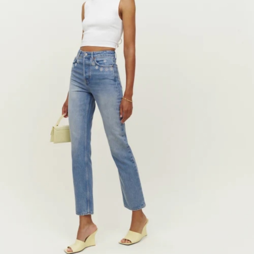 Reformation Cynthia High Rise Straight Jeans Daisy Embroidered Dillon